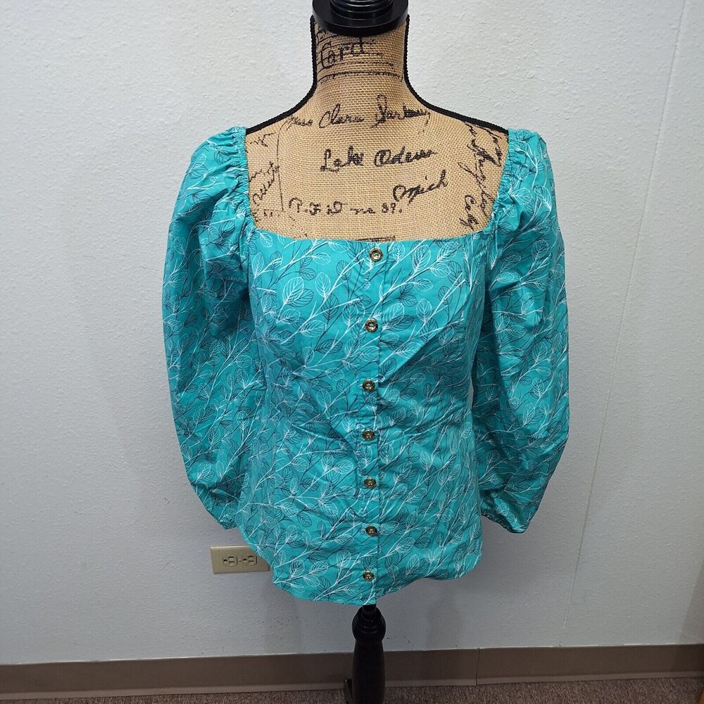 Halston Heritage Button Up Blouse Puff Sleeve Floral Green Womens Size S
